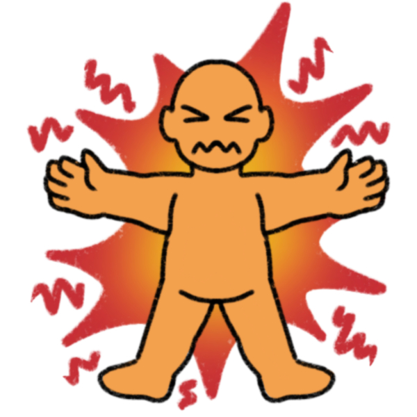a person with their arms and legs held out, with a pinched expression. Behind them is a red, orange, and yellow burst with red squiggles.